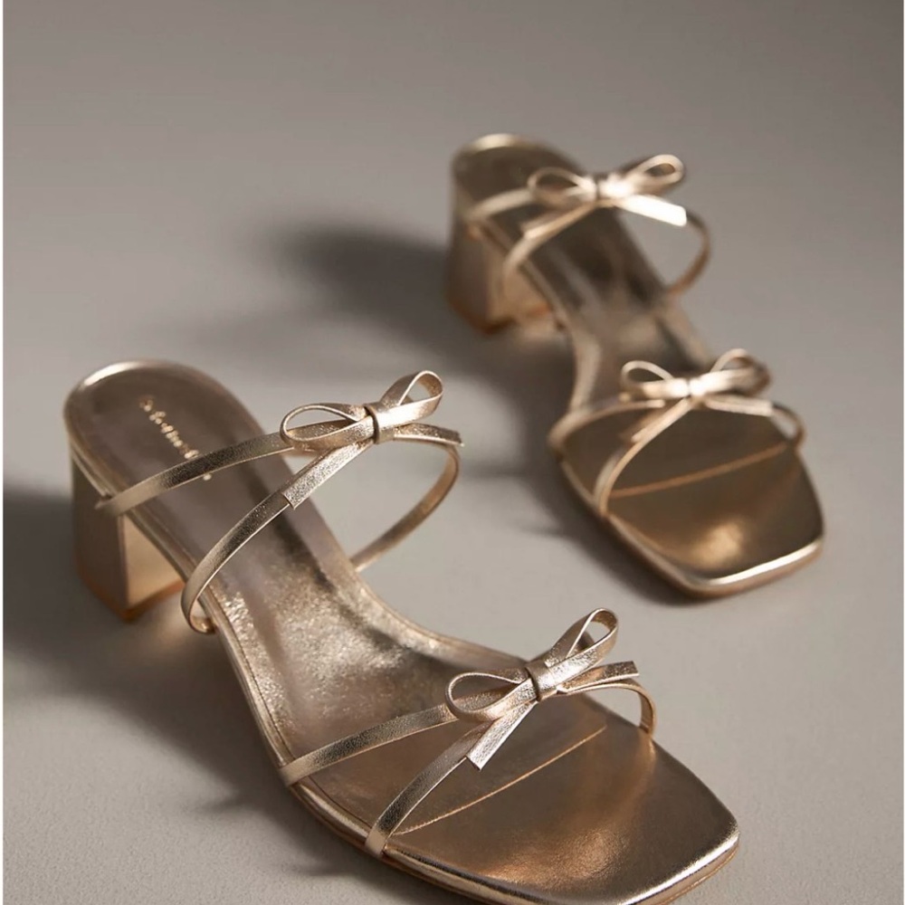 Reformation Metallic Gold Bow Strappy Block Heel Sandals